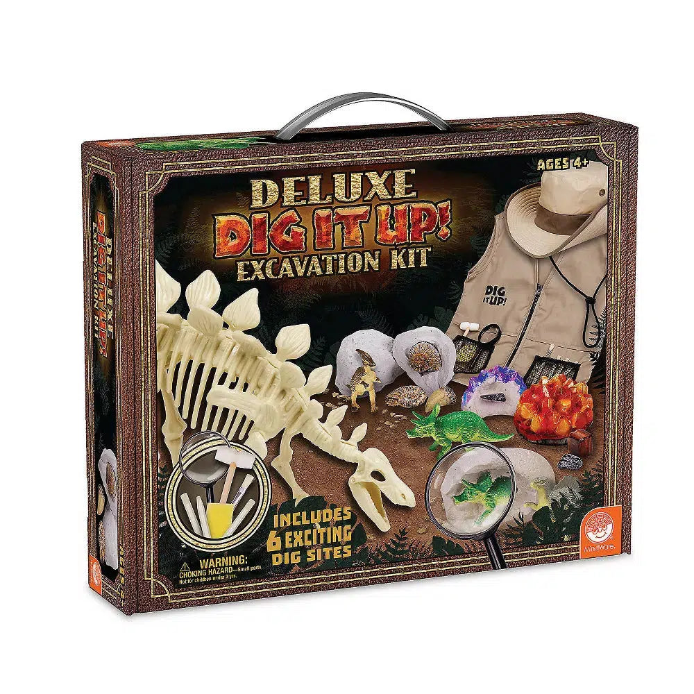 this image shows the deluxe dig it up kit. there are 6 dig sites to discover dinosaur fossils!