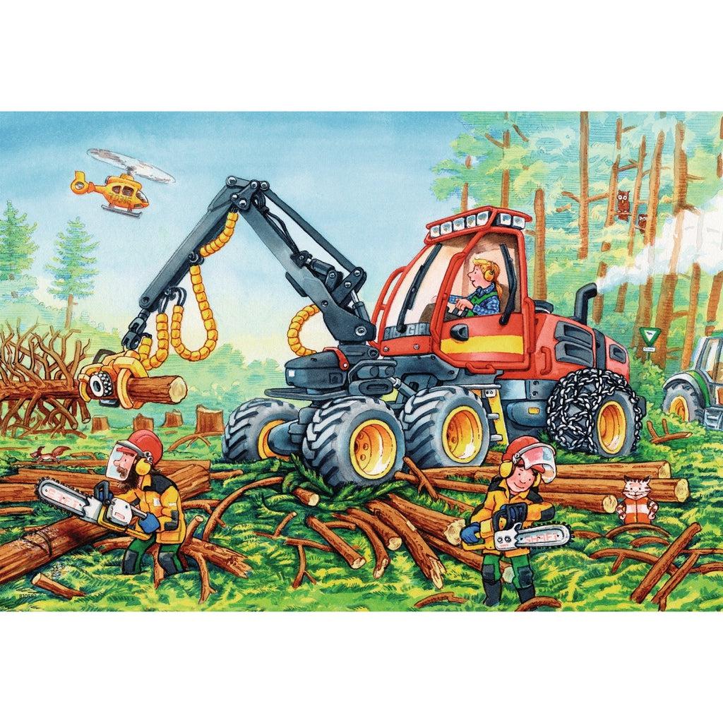 Image of one of the finished puzzles. It is an illustration of a contruction vehicle picking up cut logs in the forest.