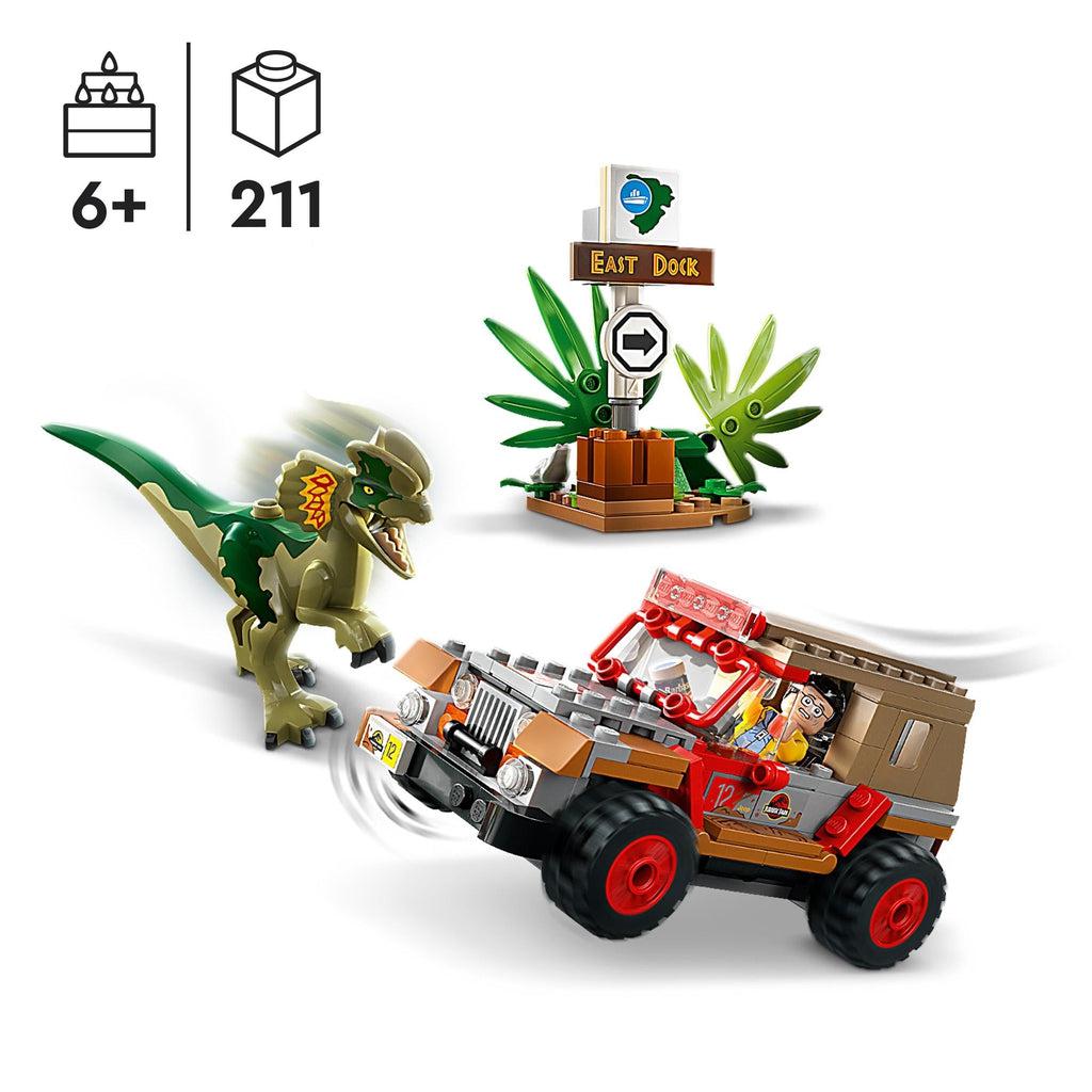 the lego jeep and dino are shown in front of a lego Jurassic Park sign post | min age of 6+ and piece count of 211 in top left corner