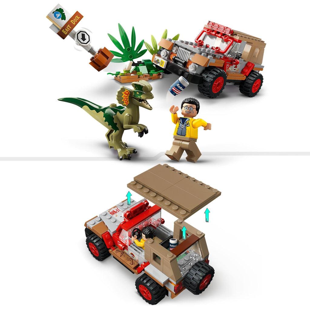 image of the minifig and dino standing in front of the car and signpost above another image showing the roof of the jeep is removable for easy access inside