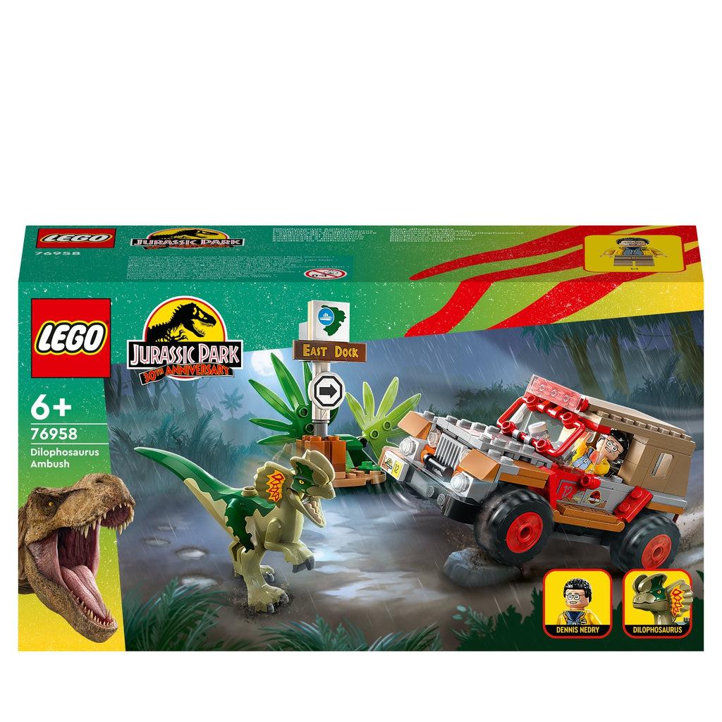 front of the box shows a lego jeep with a minifig inside stopped in front of a dlophasaurus