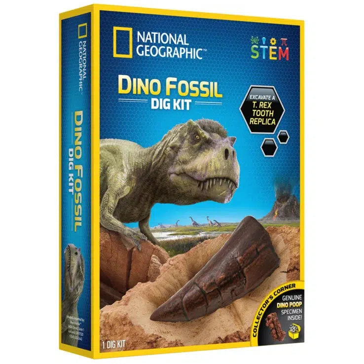 picture shows the dino fossil dig kit. a sign says excavate a  T rex tooth replica, and genuine dino poop specimen inside!