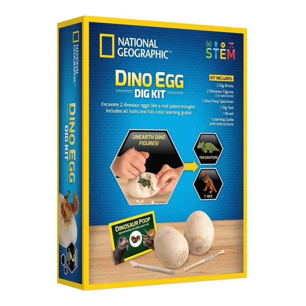 the back of the box shows that the kit holds 2 dig bricks, 2 dinosaur figures, a dono poop specimene, a dig fossil, dig tool, brush and a learning guide with instructions. 