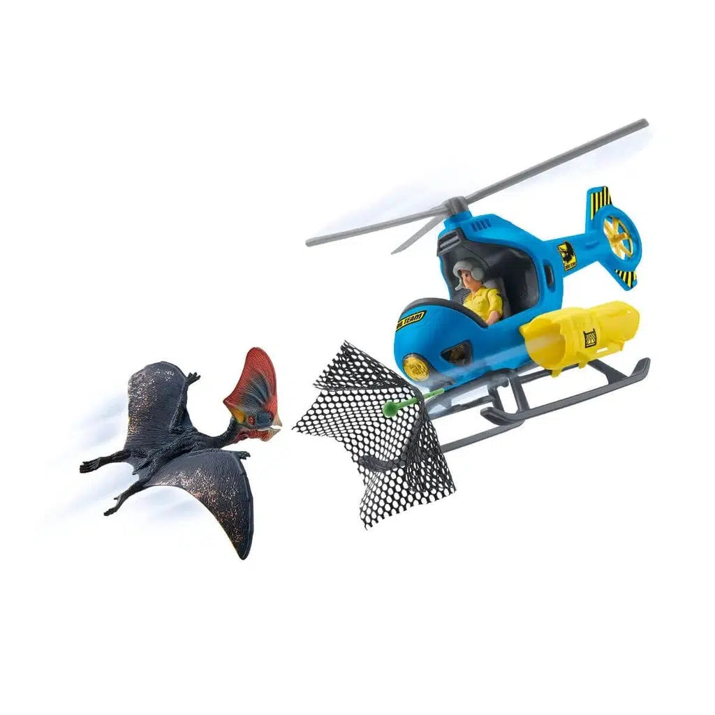 Image of the Dinosaur Air Attack play set. It comes with a blue helicopter, a pilot, a flying dinosaur, and a shootable net.