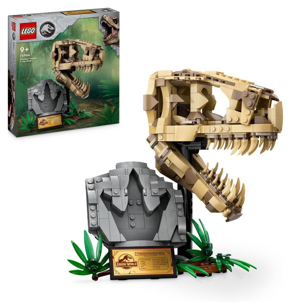 A LEGO T-Rex skull with a fossilized footprint
