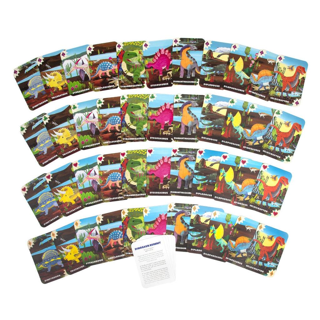 this image shows all the cards that are used in dinosaur rummy, showing off each donosaur in a vibrant backdrop