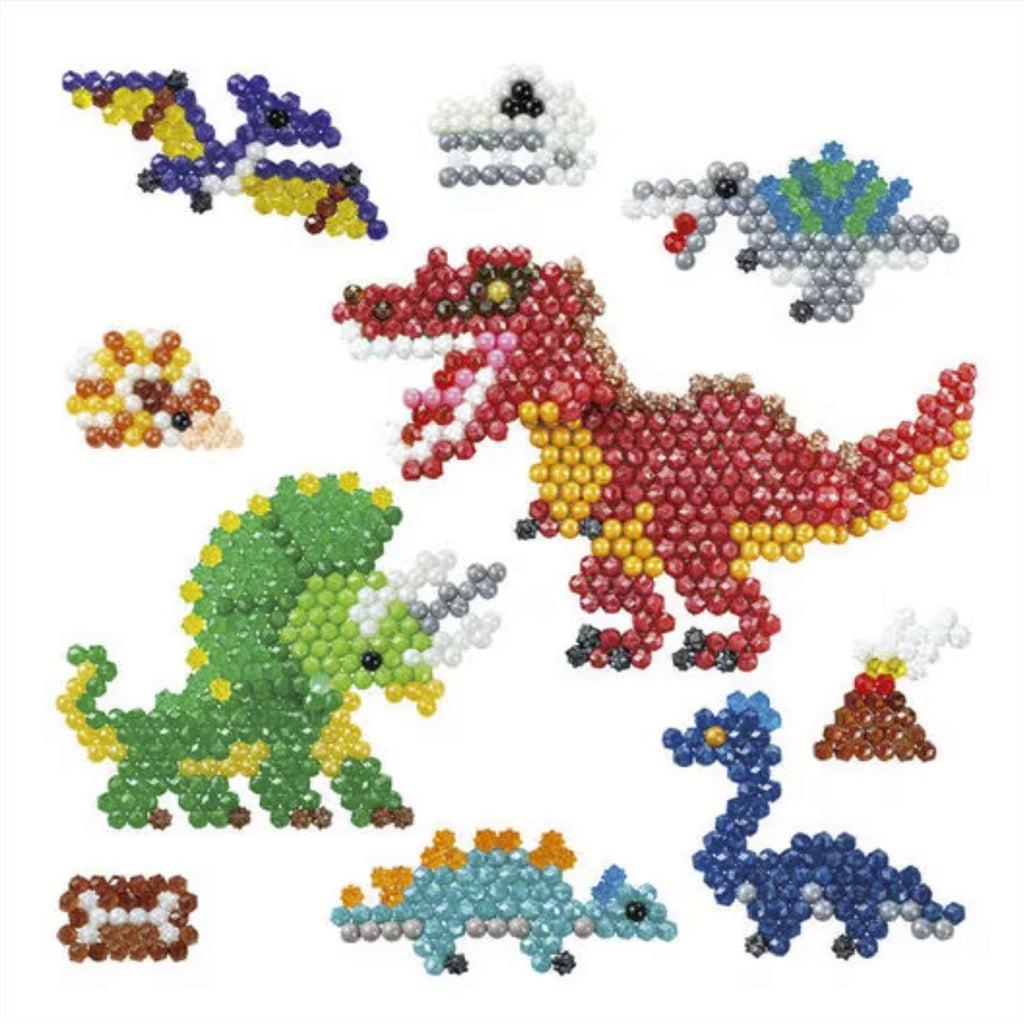 Image of possible aquabeads creations. Some of them include a T-Rex, a Stegosaurus, a Pteradactyl, and etc.