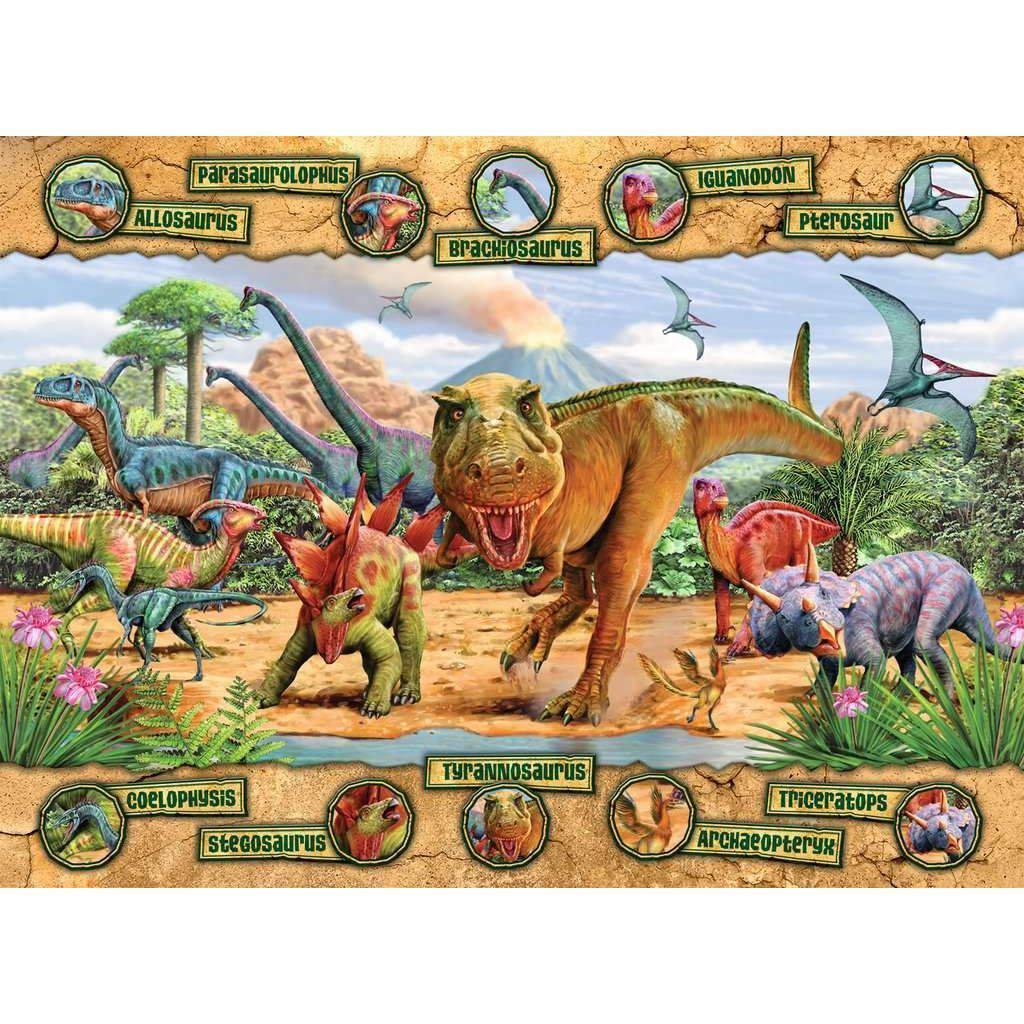 Image of the finished puzzle. The picture is a colorful rendition of the jurrasic period complete with ten different dinosaurs. On the top and bottom of the puzzle are two strips showing pictures of each dinosaur and their names.