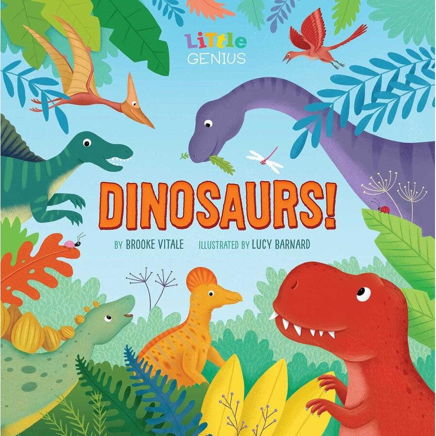 Image of the cover for the Dinosaurs! book. On the cover is the title surrounded by cartoon dinosaurs of all different types and sizes.