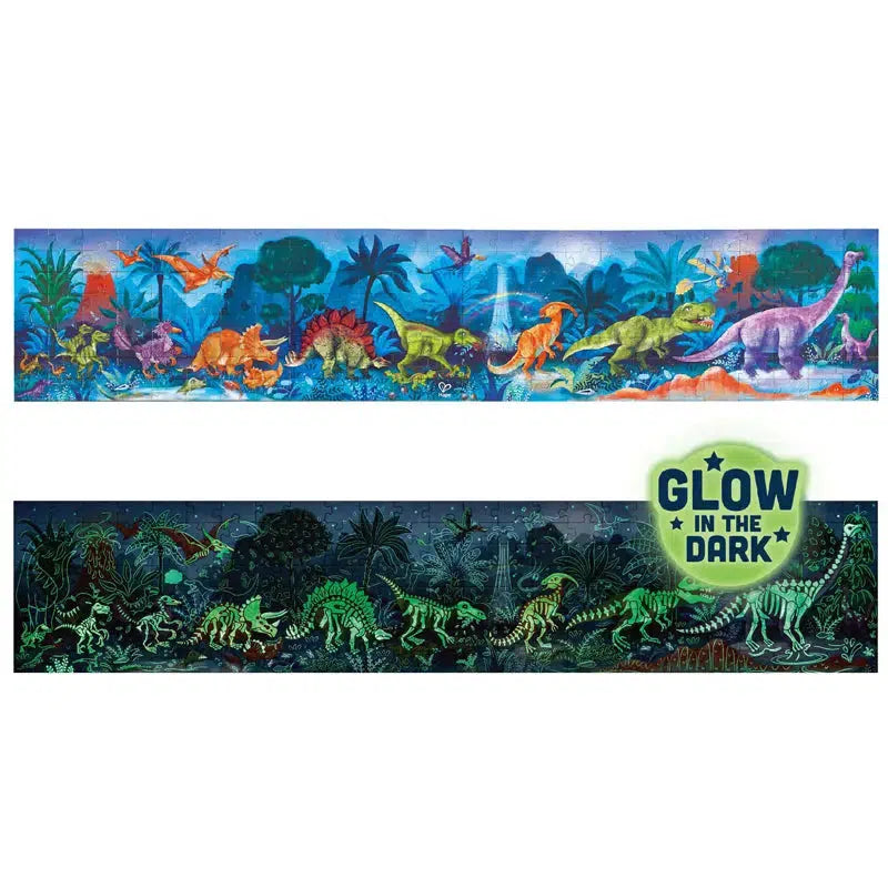 Image of the finished puzzle. It is a parade of dinosaurs in a prehistoric jungle. It shows that in the dark, the skeletons of the dinosaurs glow.