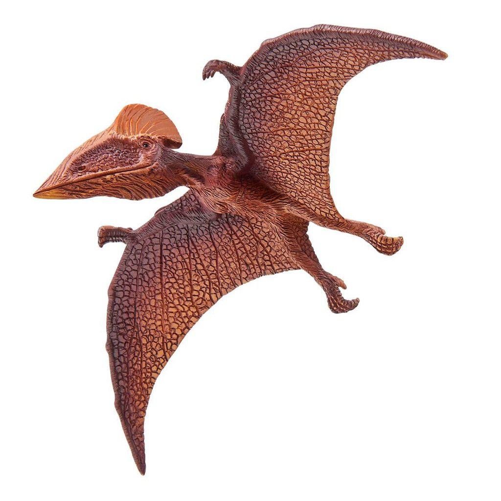 Close up of the dinosaur figure. It is brown with wings. It has a small brown fin on its head and a long pointy face.