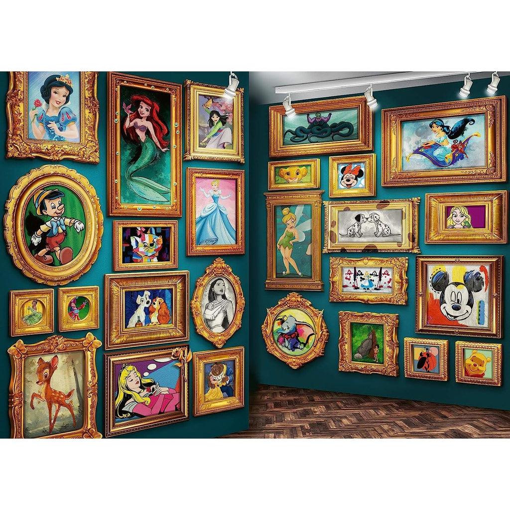Image of the finished puzzle. It is a picture of a gallery of Disney character portraits. Each painting is done in a different style.