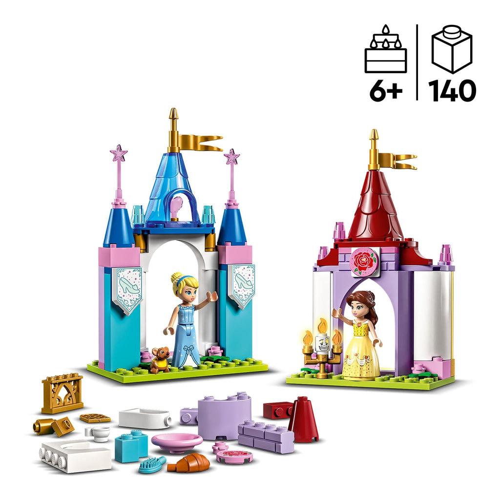 Image of two different castles, princess accessories, and Cinderella and Belle figurines. Recommended Age: 6+ Number of Pieces: 140