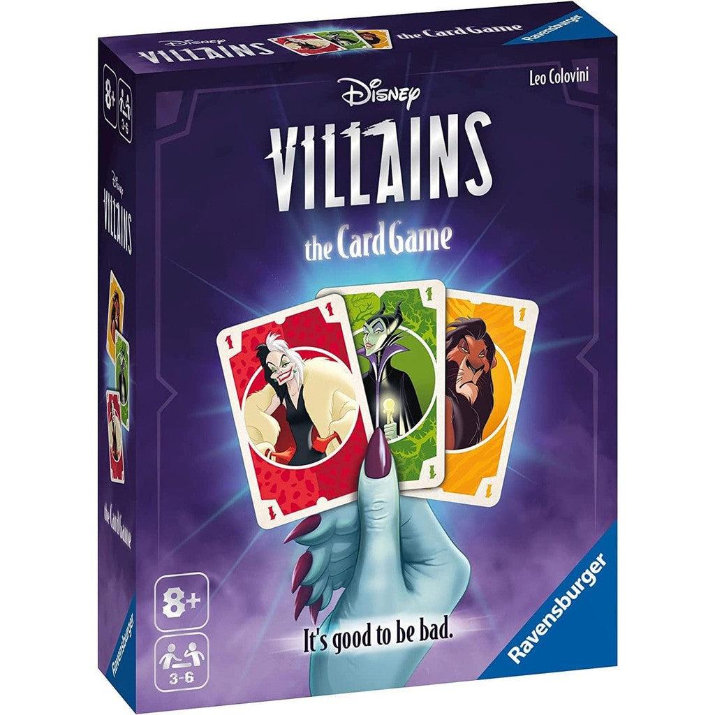 image shows the disney villans card game, a hand is holding three cards of disnay villans with the words "its good to be bad" underneath