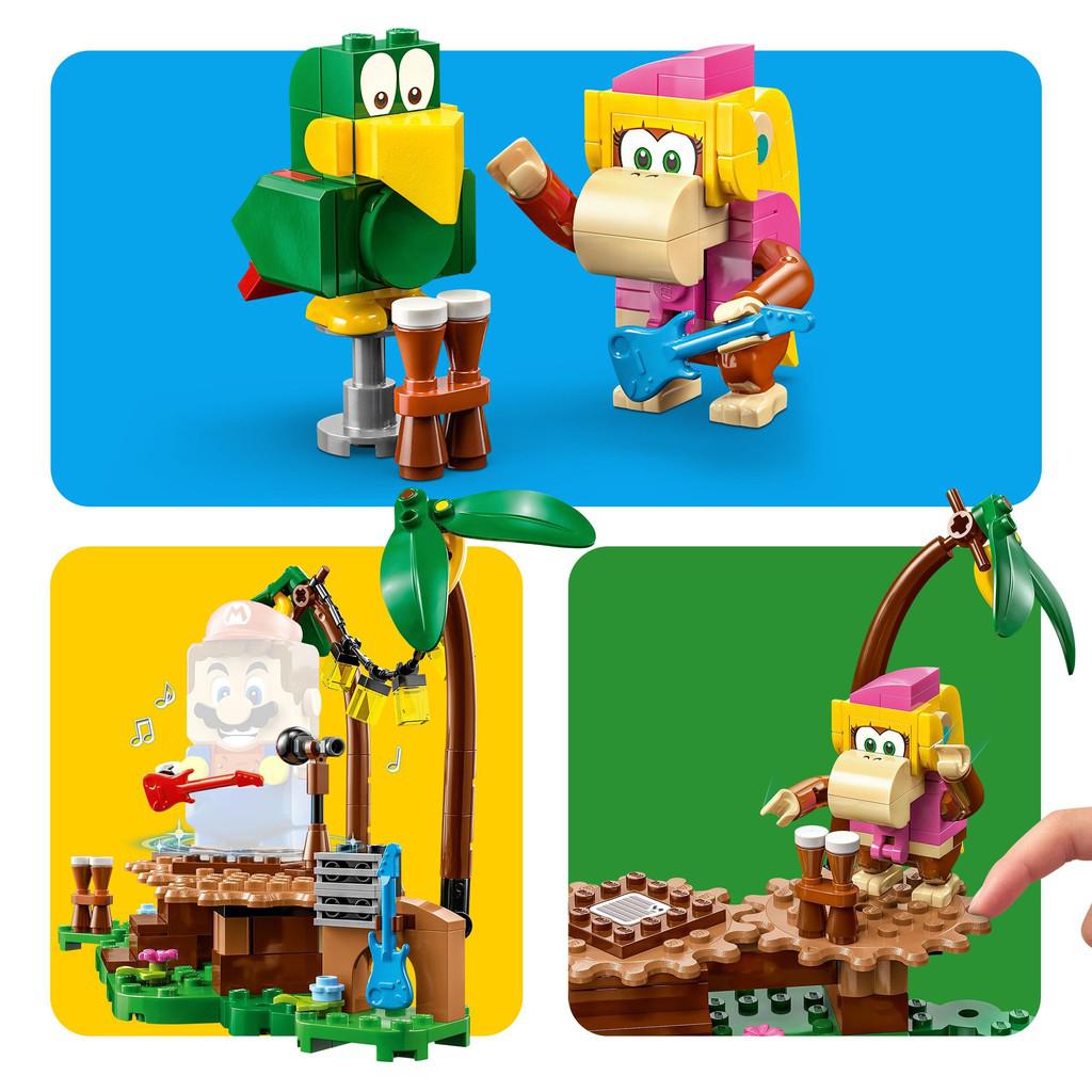 the image shows lego Dixie Kong and the bird. there is a stage to sing and play on