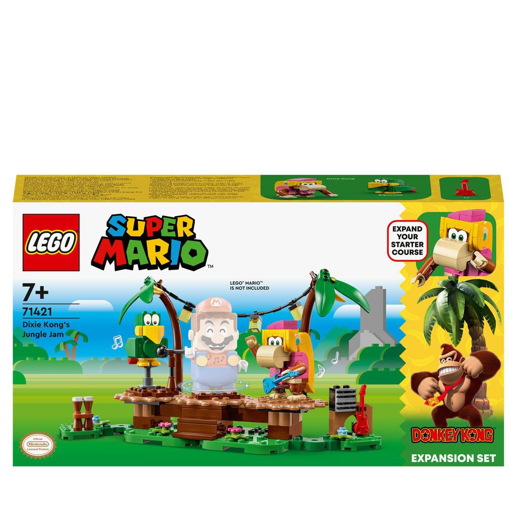 image shows the box of the LEGO Super Mario Dixie Kong's Jungle Jam. Dixie kong is standing on a theater playing a LEGO guitar. 