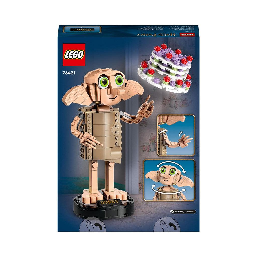 image shows the back of the box with the LEGO dobby and the cake.