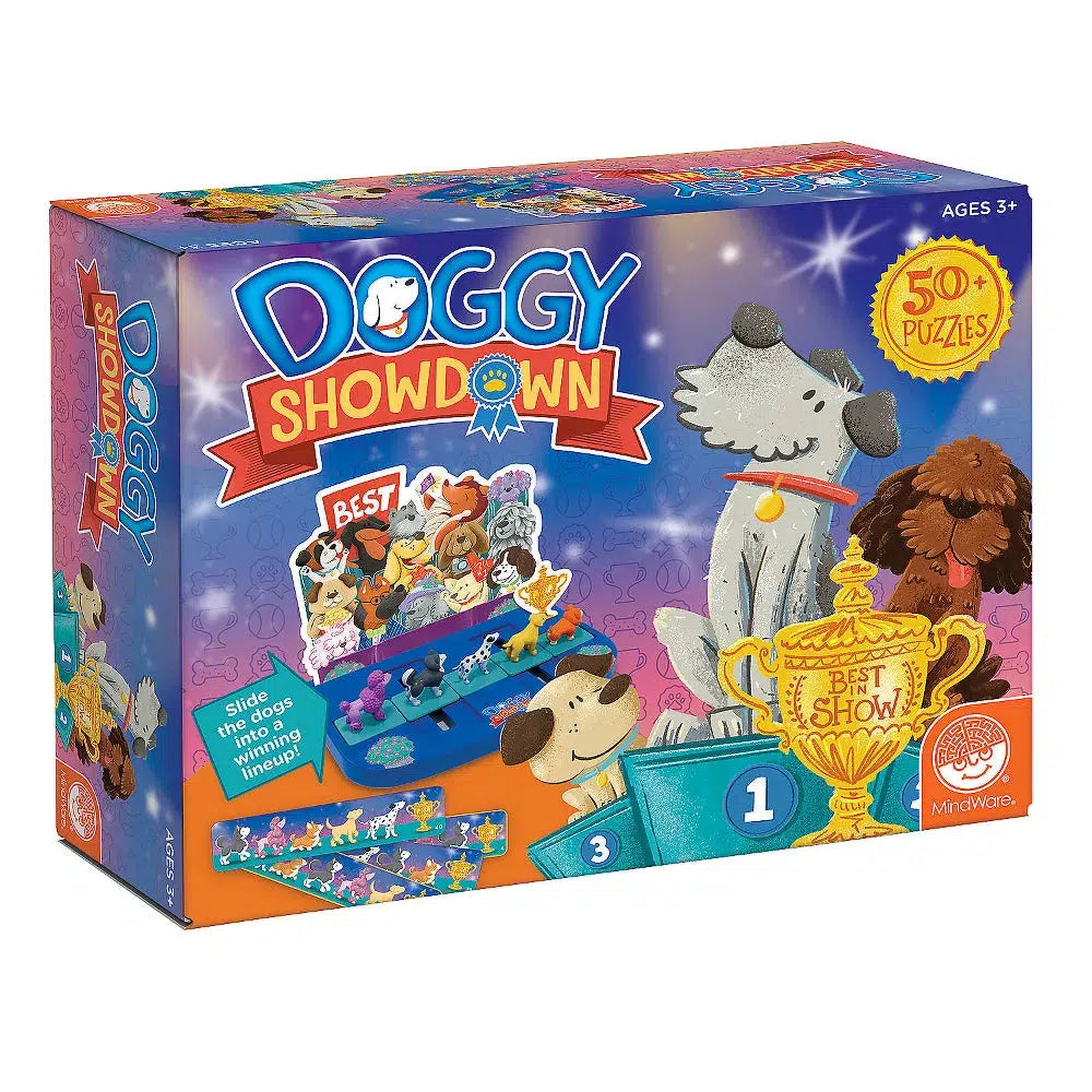 this image shows the box for doggy showdown. there are 50+ puzzles inside. simply slide the dogs inot a winning lineup. 