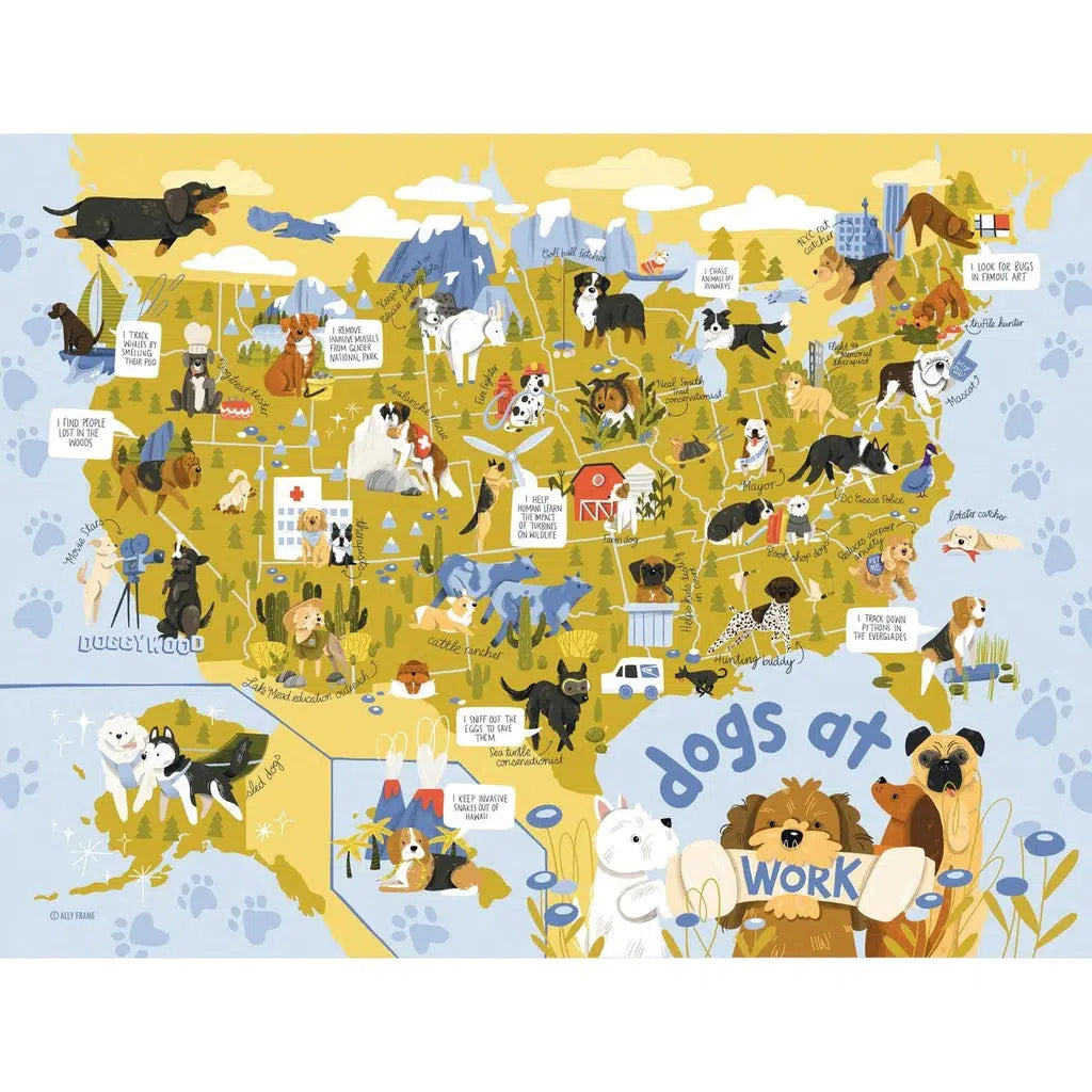 Image of the finished puzzle. It is a map of the US with cartoon drawings of different dog breeds throughout the different states. They have some speech bubbles so you can see that they're thinking.