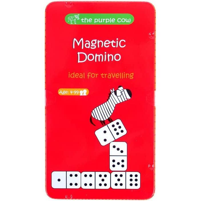 Image of the tin for the Domino TO GO game. On the front is a picture of a stack of dominos with cartoon zebra standing on them.