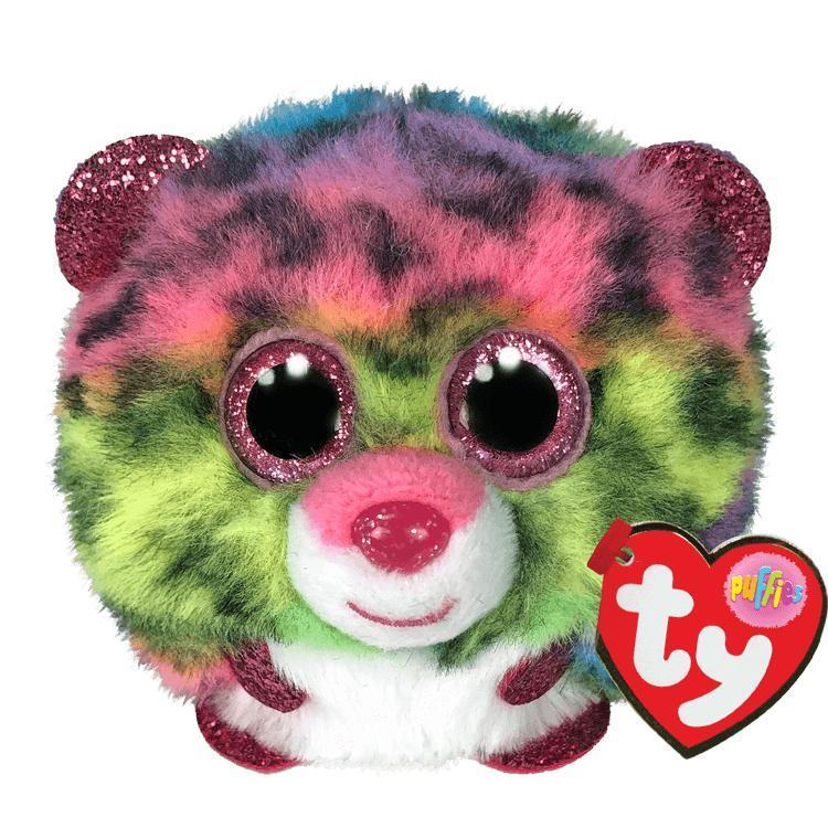 Image of the Dotty the Leopard Puffie plush. It is a spherical plush with rainbow fur and pink sparkly eyes, ears, arms, and legs.