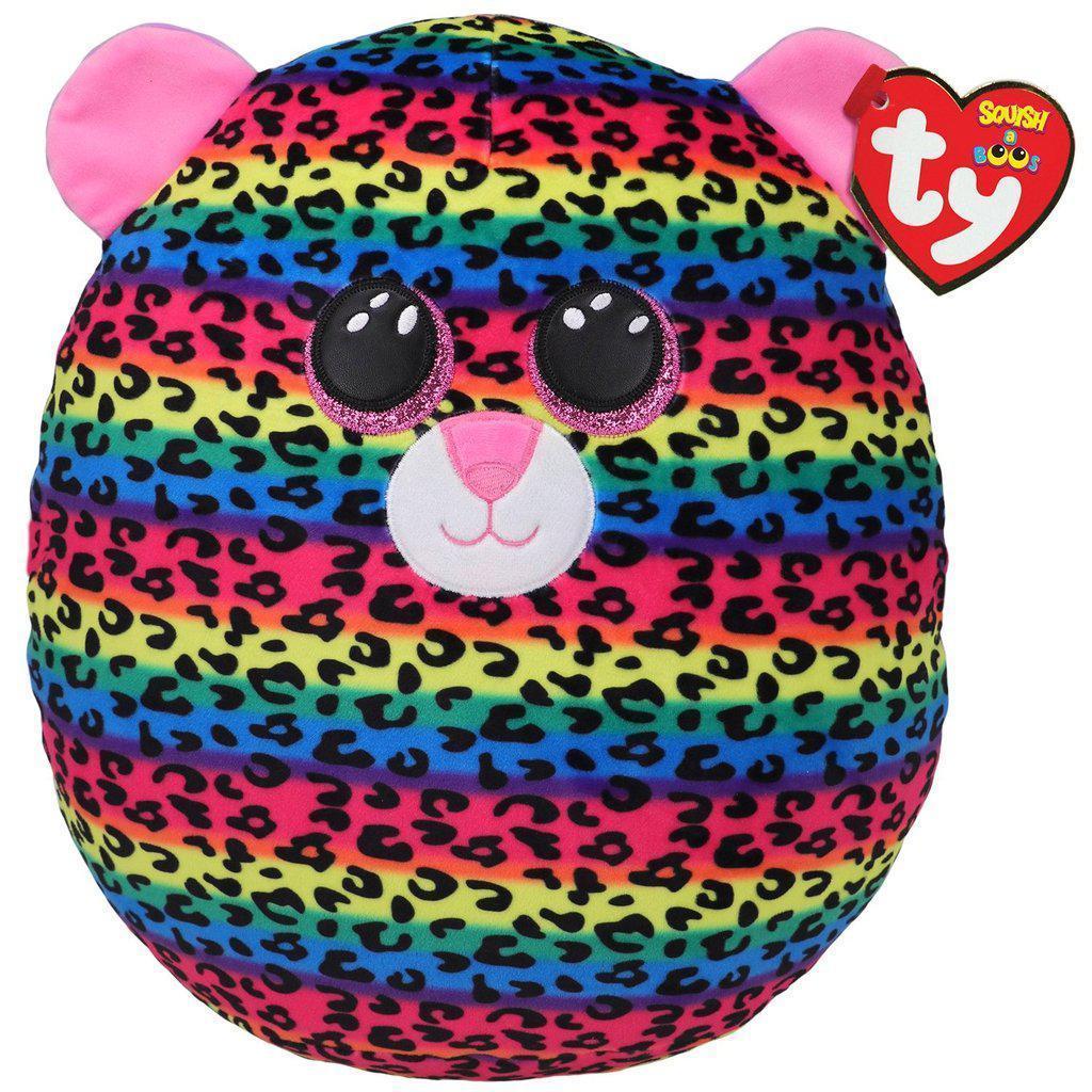 Image of the Dotty the Leopard Squish-A-Boo plush. It is rainbow striped black leopard spots on top. She has pink ears and nose with pink glittery eyes.