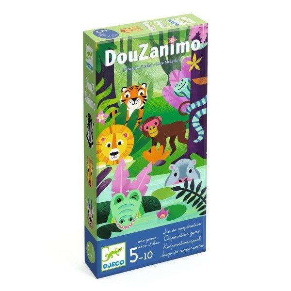 <font style="vertical-align: inherit;"><font style="vertical-align: inherit;">A colorful, illustrated children's board game box from Djeco named "DouZanimo," featuring animals like a lion, tiger, monkey, and crocodile in a jungle setting. This delightful memory game is suitable for ages 3-9.</font></font>