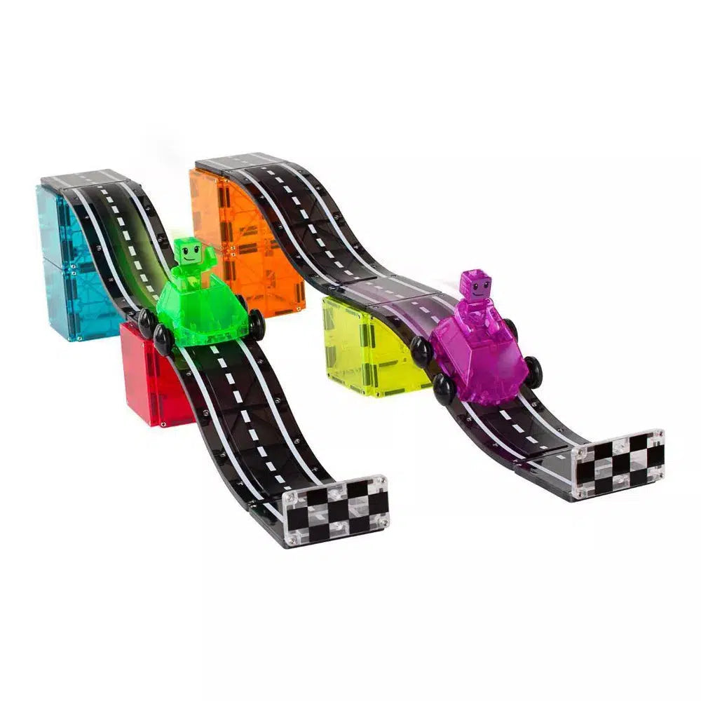 this image shows two cars racing on separate downhill slopes. 