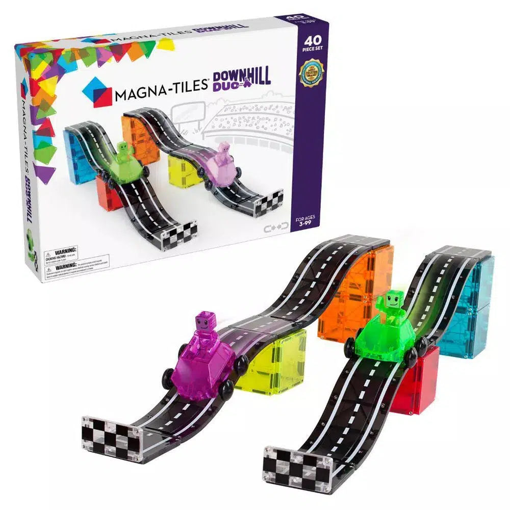 this image shows the downhill duo of two tracks made out of magna tiles that can race wachother with cards going downhill on the track.
