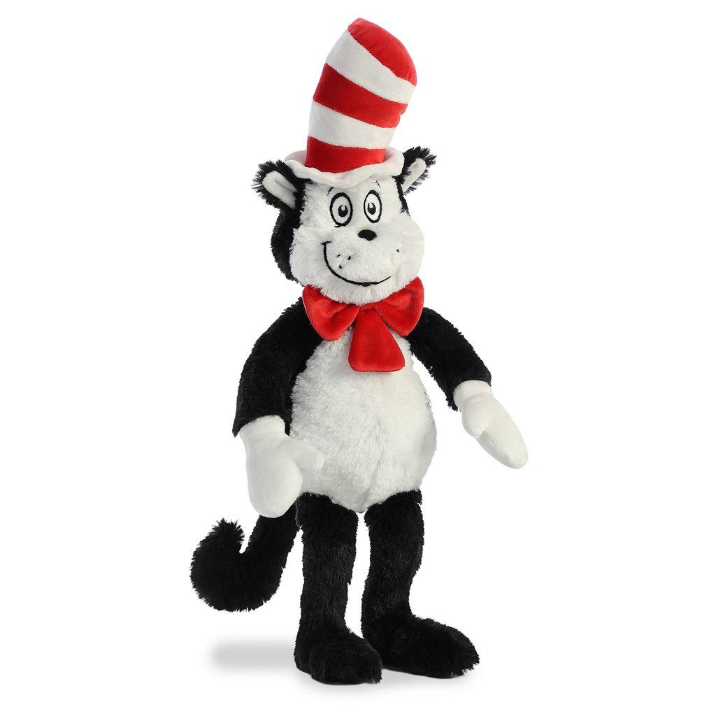 Image of the Dr. Seuss Cat in the Hat plush. He has a long black and white body with a red bow and a striped red and white hat.