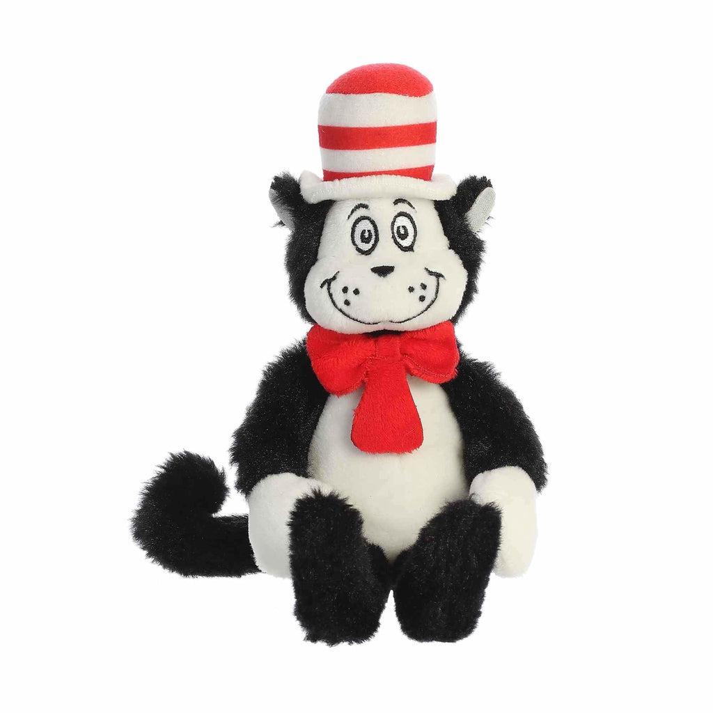 Image of the Dr. Seuss Cat in the Hat plush. It is a black and white cat with a smiling face, red bow, and a white and red striped hat.