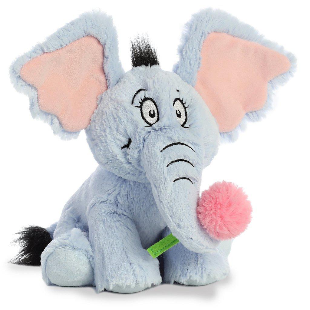 Image of the Dr. Seuss Horton plush. He is a light blue with huge ears. He is holding the pink clover from the book and movie.