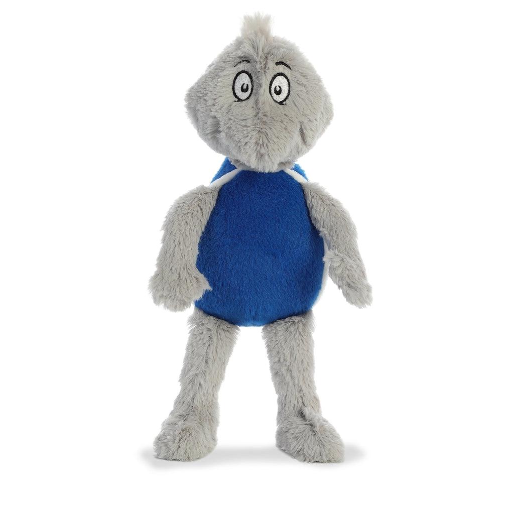 Image of the Dr. Seuss Yertle the Turtle plush. It is a grey bodied turtle with a blue shell. His arms and legs are longer than a normal turtle's would be.