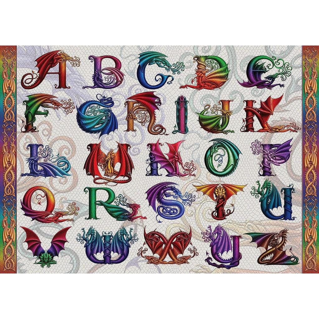 Image of the finished puzzle. It is a picture of the alphabet, but each letter is a different color and is made from one or two a dragons