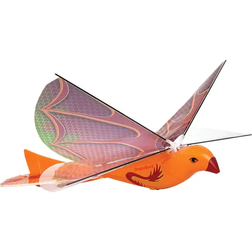 Image of the Dragon Hawk Bird toy. It is an orange bird with butterfly looking wings that can actually fly. They are multicolored and have a pretty feather design printed on them.