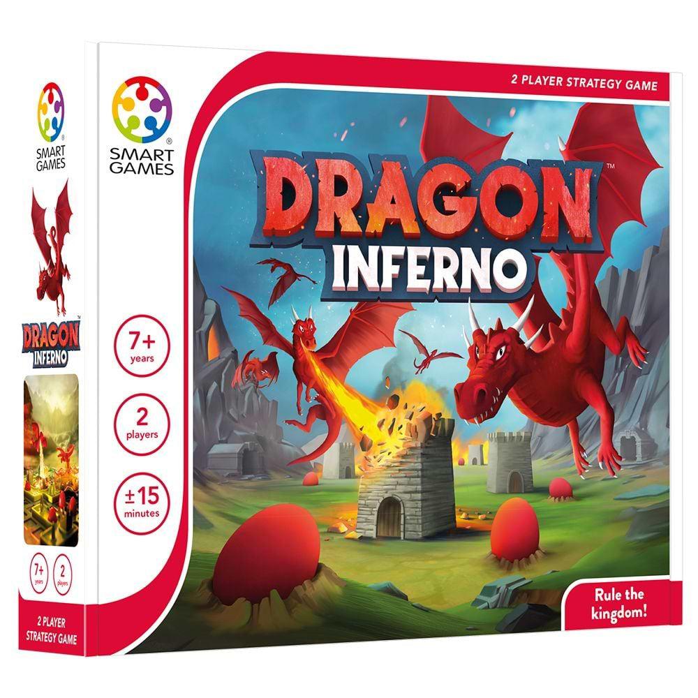 Image of the box for the Dragon Inferno game. On the front is an illustration of cartoonish dragons laying eggs and burning houses down.