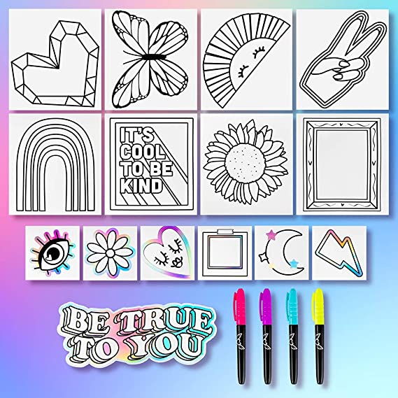 Up close view of the different sticker designs. They include hearts, butterflies, quotes, flowers, rainbows, etc.