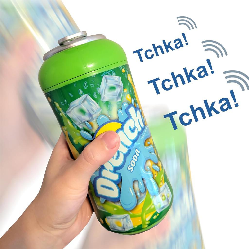 this image shows someone shaking the can with the sound effects "tchka" coming out
