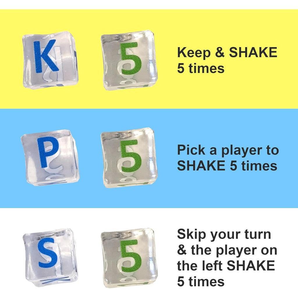 the dice have diffrent effects, like keep the can, pick someone to shake it, or skip your turn