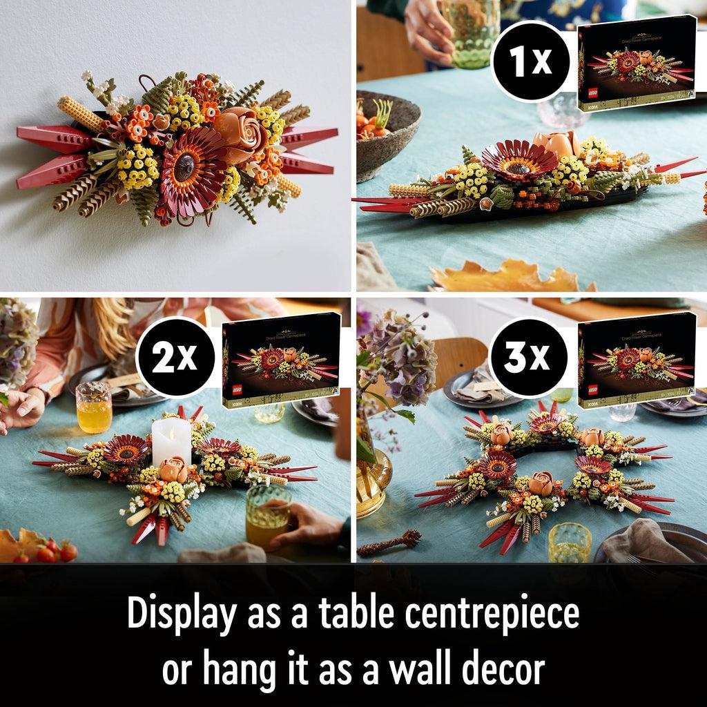 Shows images of possible centerpiece creations with this set and with duplicates. (up to 3 sets) Caption: display as a table centrepiece or hang it as a wall decor