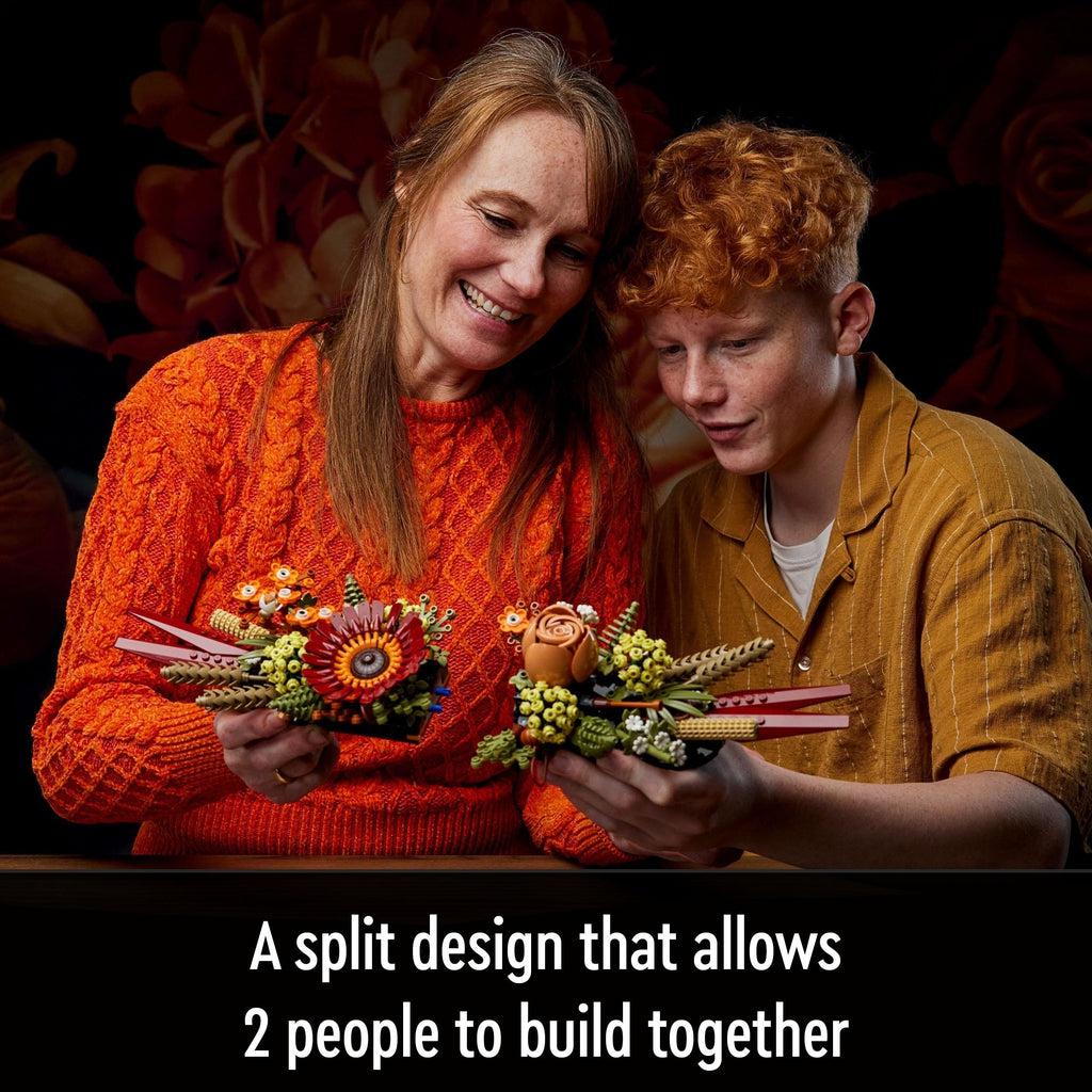 Image of a mother and son each holding half of the built LEGO set. Caption: A split design that allows 2 people to build together.