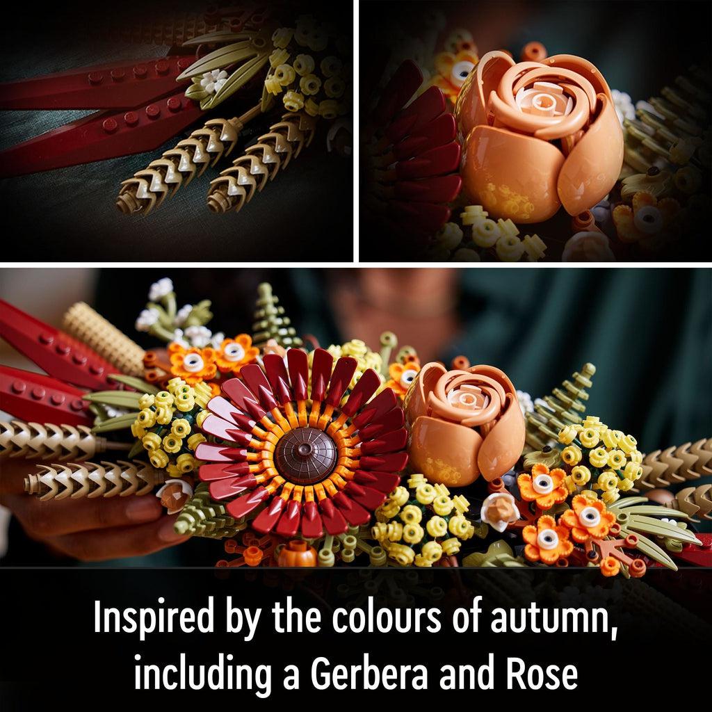 Close up images of some of the elements of the set. Caption: Inspired by the colours of autumn, including a Gerbera and Rose.