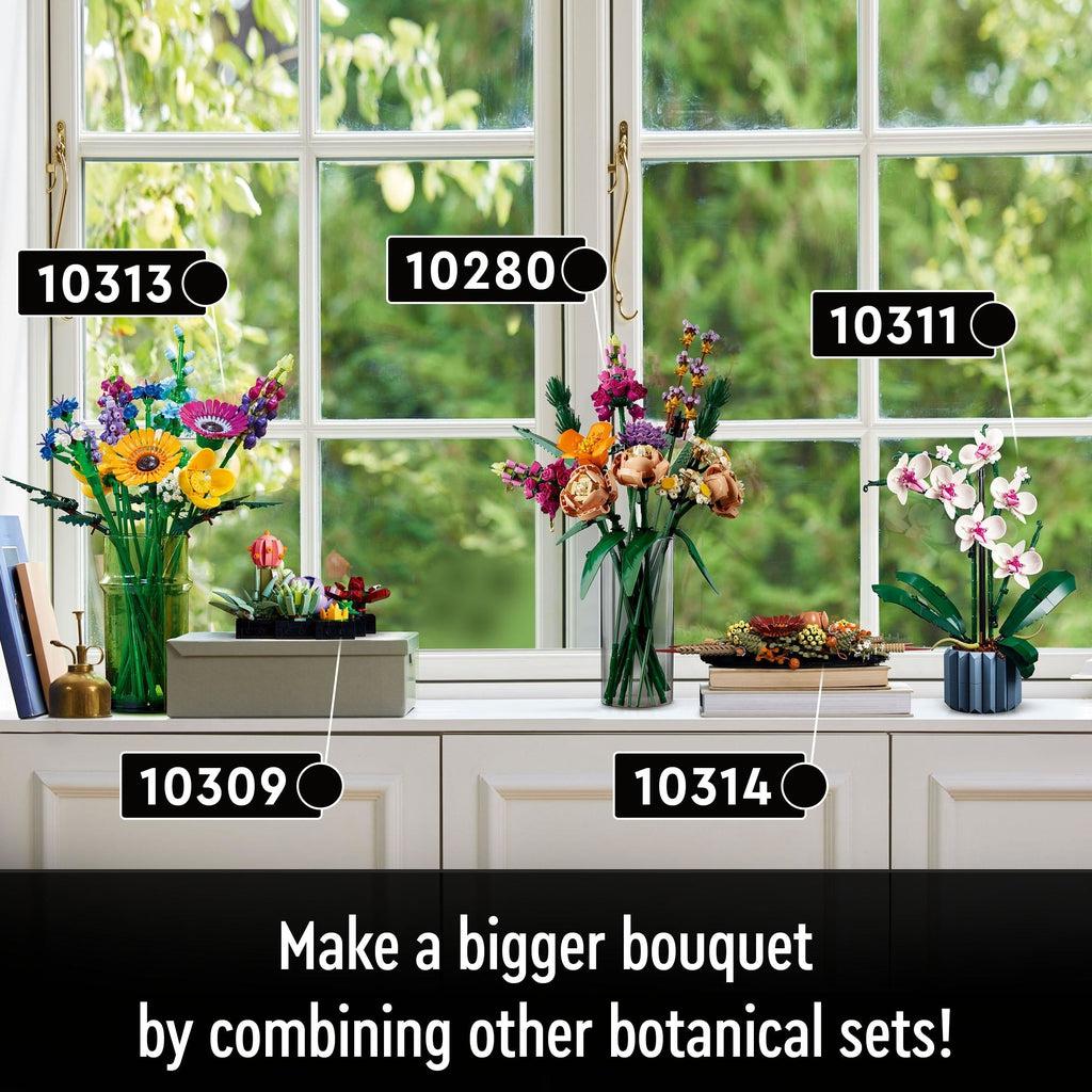 Image of several other similar flower builds with the set codes 10313, 10309, 10280, and 10311.
