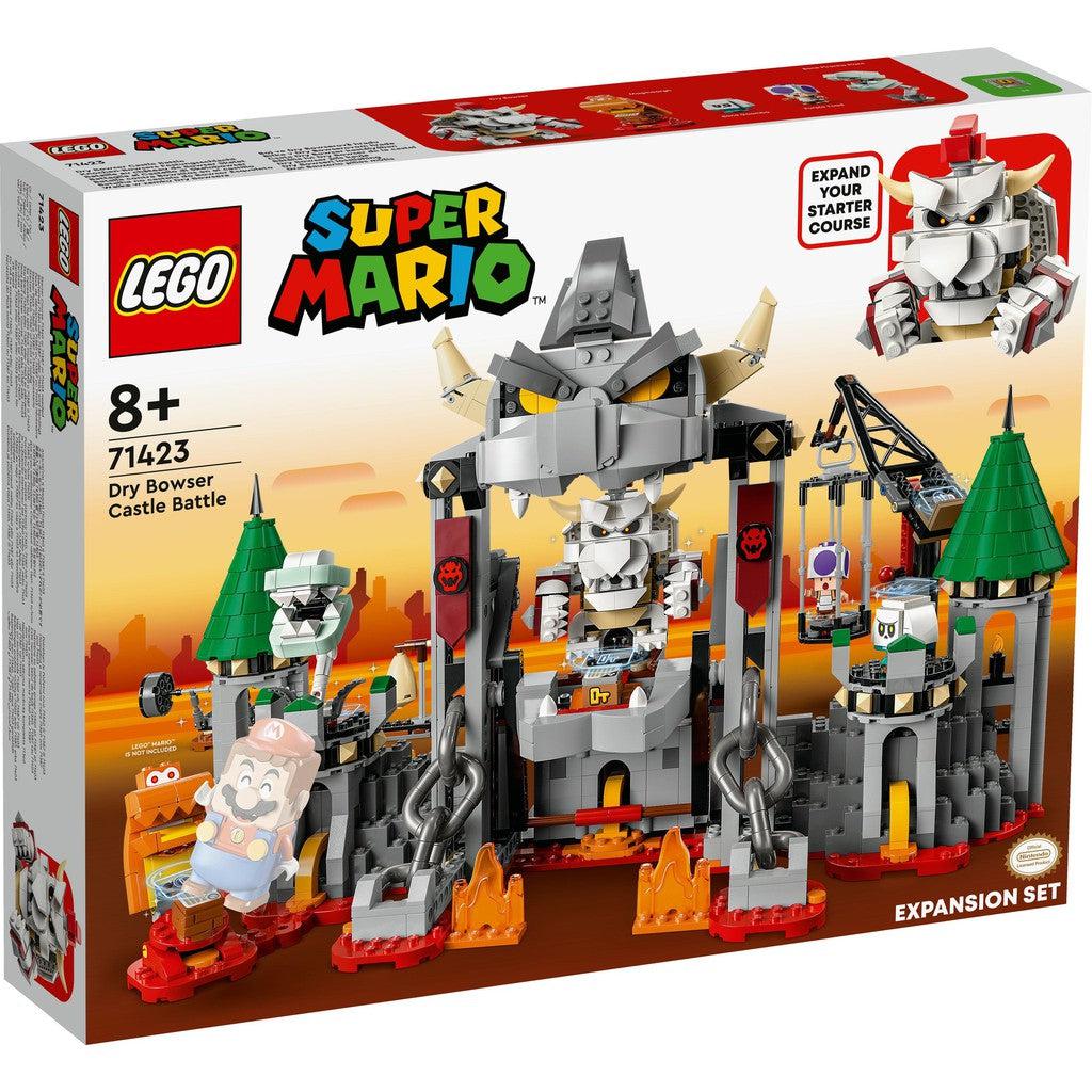 image shows the box for the Super Mario Expansion Set, Dry Bowser Castle Battle. Dry Bowser is standing on a menacing catle. 