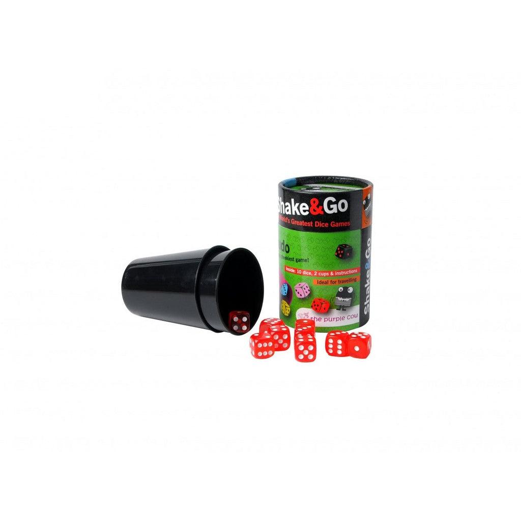 Image of the Dudo Shake & Go game. The travel container is green and cylindrical. The game comes with two black cups and eight red and white dice.
