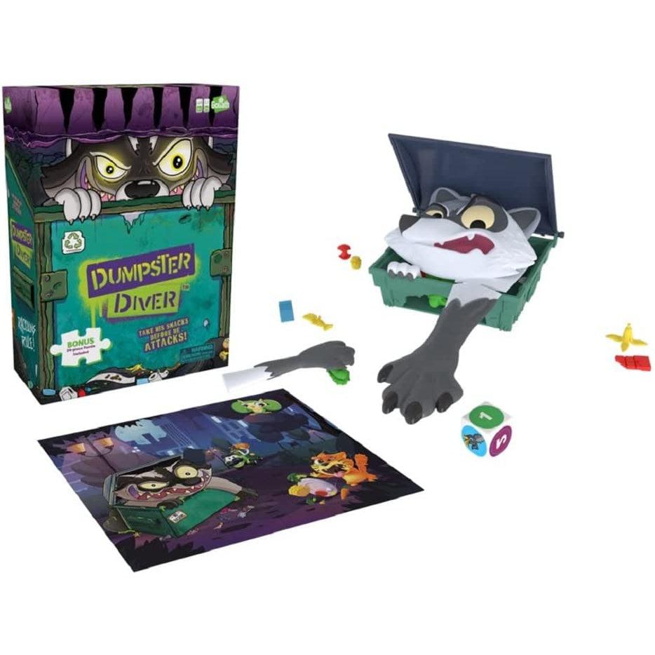Image of the game pieces and the puzzle. The game "board" is a plastic dumpster with a raccoon reaching it's paw out of it. The game pieces also include lots of different food items.