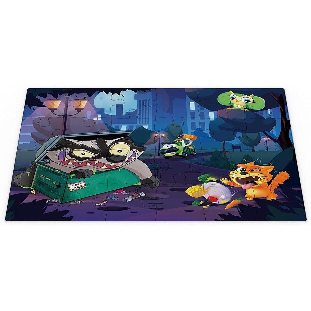 The puzzle is of the dumpster raccoon, a picky eater cat, an owl, and a trash truck in the park at night.