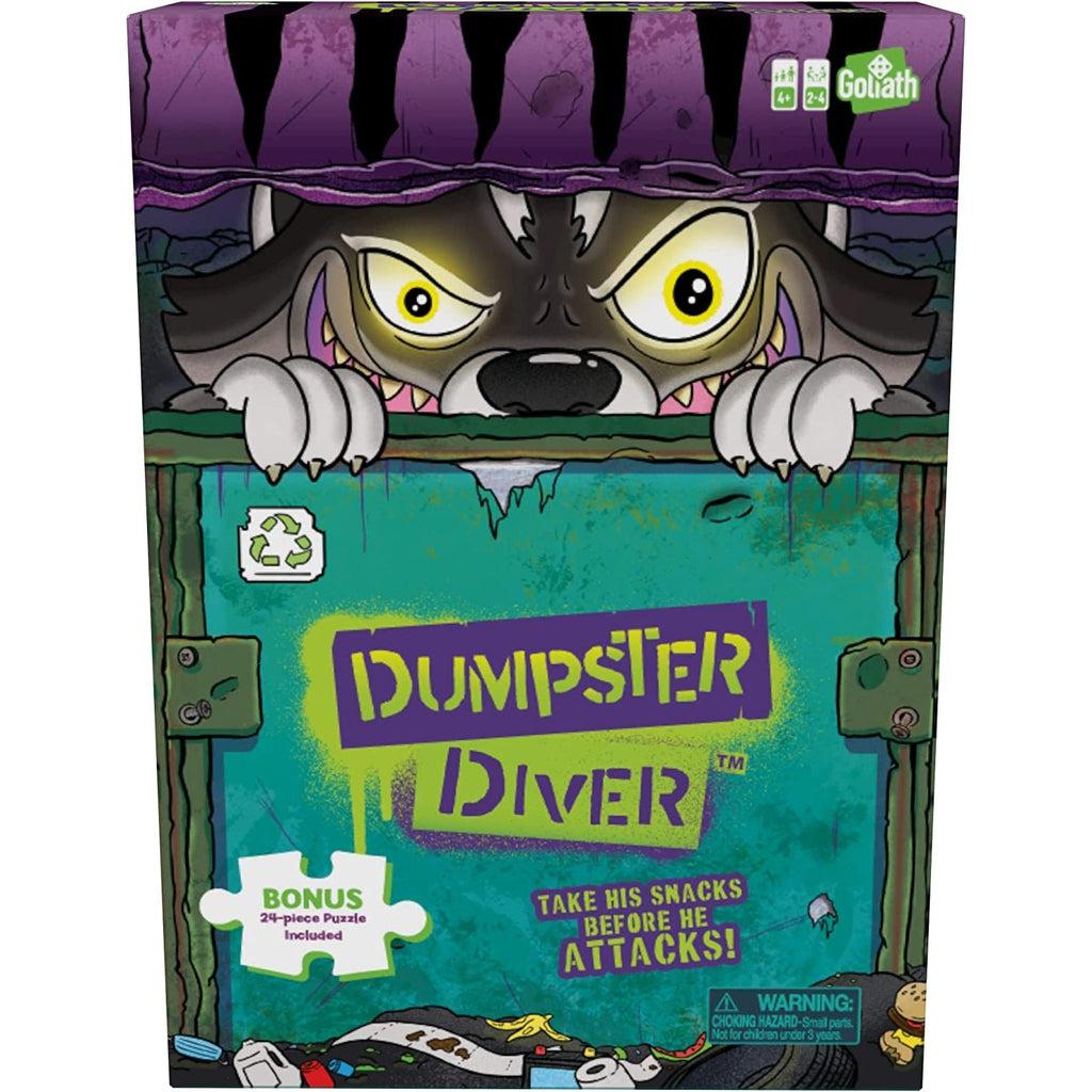Image of the box for the game Dumpster Divers with a 24 piece puzzle included. On the front of the box, there is a illustration of a raccoon peeking out of the dumpster with glowing yellow eyes.