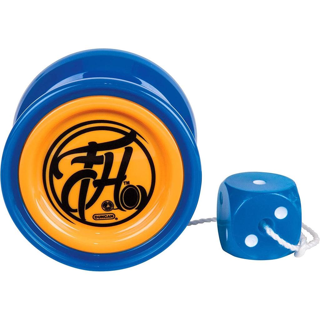 Up close shot of blue and orange freehand yo-yo.