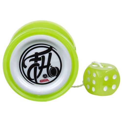 Up close shot of green and white freehand yo-yo.